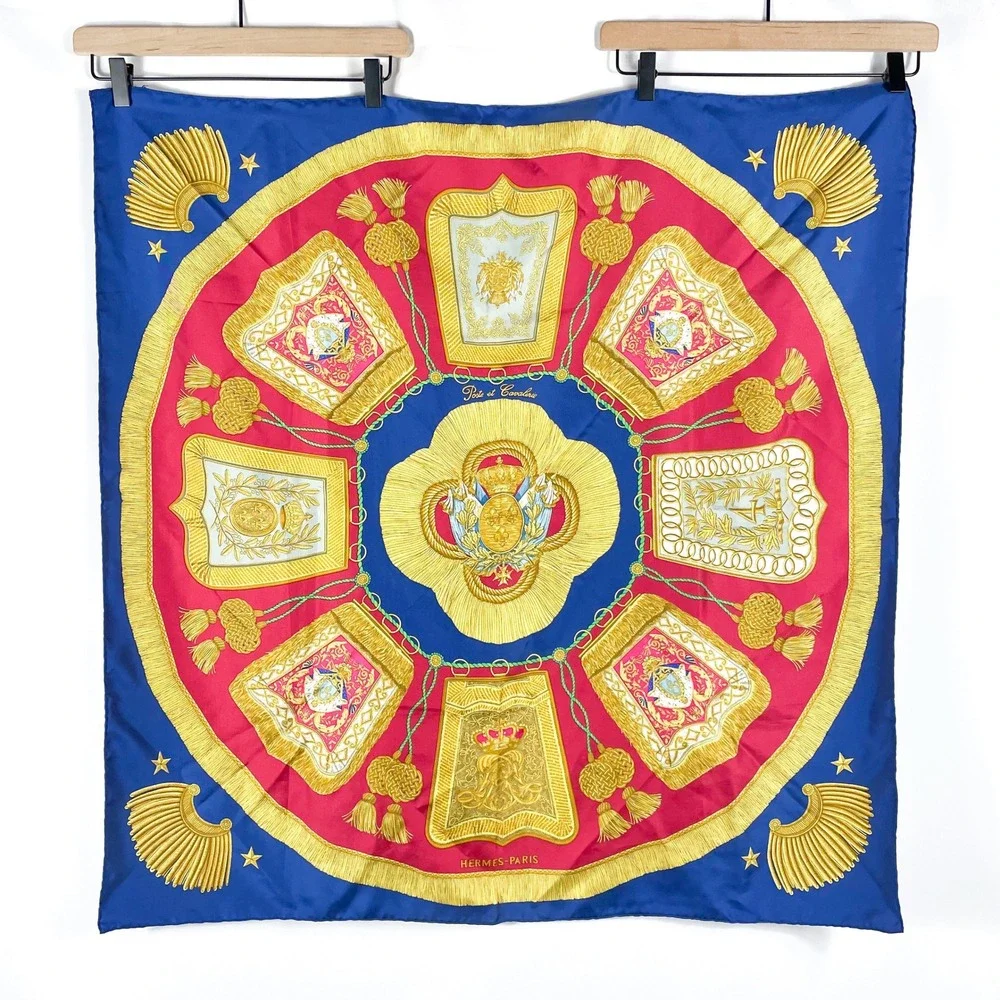 Hermes Paris Poste‎ et Cavalerie Silk Scarf Royal Blue Red Gold 35
